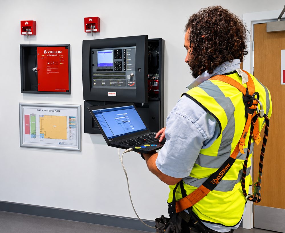 Engineer working on a Honeywell addressable fire alarm panel with a laptop