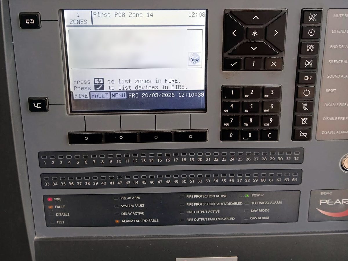 Notifier PEARL addressable fire alarm panel on site, showing the zone display, keypad and zone LEDs